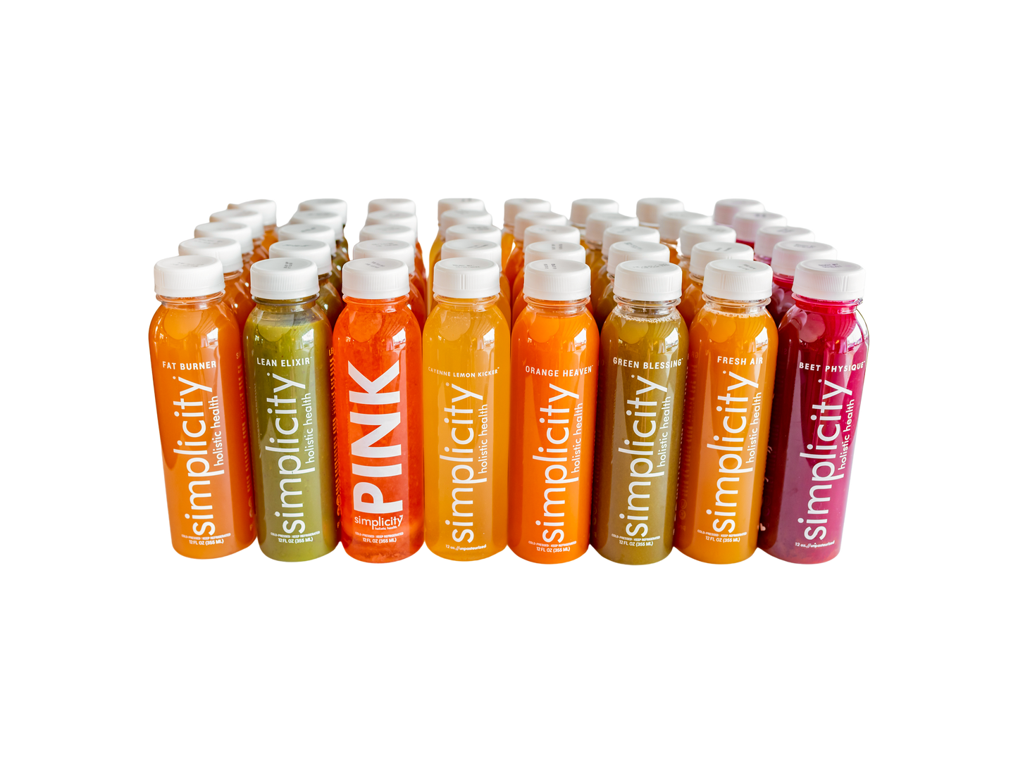 Nine Simplicity Cold-Pressed Juice flavors, 40 12-oz bottles (5 Lean Elixirs, 5 Fat Burners, 5 Fresh Airs, 5 Green Blessings, 4 Orange Heavens, 4 Pink Hydrations, 4 Cayenne Lemon Kickers, 4 Beet Physiques, 4 Collagen Coladas).