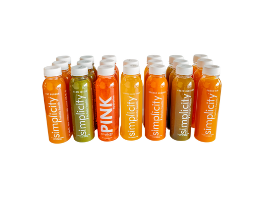 Simplicity Cold-Pressed Juice flavors, 12 12-oz bottles (3 Lean Elixirs, 3 Fat Burners, 3 Fresh Airs, 3 Green Blessings, 2 Orange Heavens, 2 Cayenne Lemon Kickers, 2 Pink Hydrations, and 2 Collagen Colada).