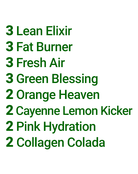 Contents of the Simplicity Variety 12-pack: 3 Lean Elixirs, 3 Fat Burners, 3 Fresh Airs, 3 Green Blessings, 2 Orange Heavens, 2 Cayenne Lemon Kickers, 2 Pink Hydrations, and 2 Collagen Colada.