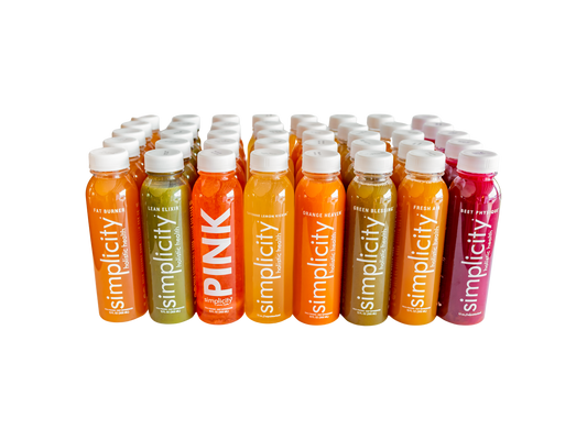 Nine Simplicity Cold-Pressed Juice flavors, 40 12-oz bottles (5 Lean Elixirs, 5 Fat Burners, 5 Fresh Airs, 5 Green Blessings, 4 Orange Heavens, 4 Pink Hydrations, 4 Cayenne Lemon Kickers,  4 Beet Physiques, 4 Collagen Coladas).