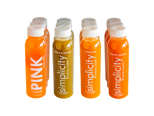 Four Simplicity Cold-Pressed Juice flavors, 12 12-oz bottles (3 Pink Hydration, 3 Green Blessing, 3 Fresh Air, and 3 Orange Heaven).